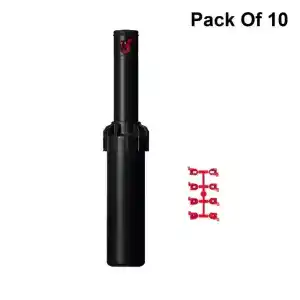 Hunter PGJ-10 sprinkler with a black body and red adjustment collar, shown in a pack of 10.