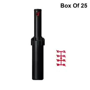 Hunter PGJ-25 pop-up sprinkler with a black body and red adjustment collar.