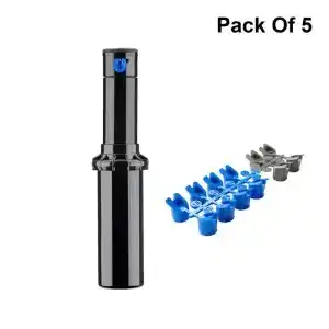 Hunter PGP-5 sprinkler head with a set of blue and gray nozzles arranged beside it.