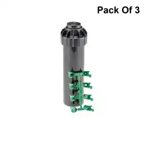 Hunter SRM-3 sprinkler head with adjustable spray pattern and green nozzles.