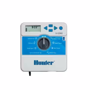 Hunter X-Core indoor irrigation controller with a digital display and control dial.
