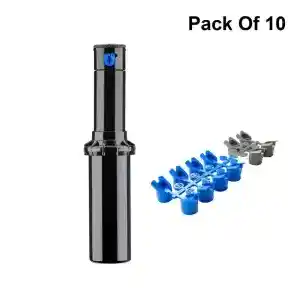 Black sprinkler head alongside a set of blue and gray connectors for irrigation systems.