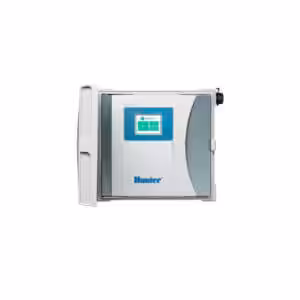 Hunter HCC irrigation controller with a digital display and control panel.