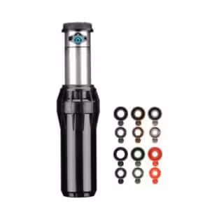 Hunter I40 gear-driven sprinkler with interchangeable nozzles in various colors.