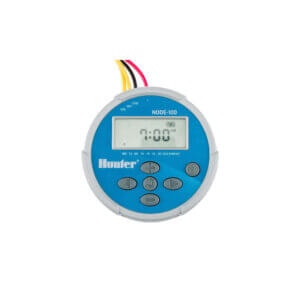 Hunter Node 100 irrigation controller with a digital display and colored wires.