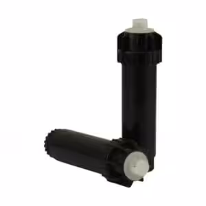 Two black irrigation sprinkler heads with white tops positioned at an angle.