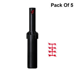 Five black sprinkler heads with red adjustment features arranged in a pack.