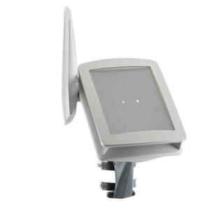 LED street light fixture with a rectangular design and adjustable mounting bracket.