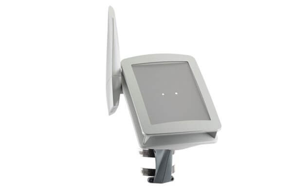 LED street light fixture with a rectangular design and adjustable mounting bracket.