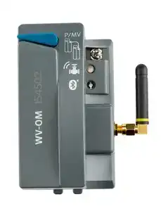 Hunter Wireless Valve Output ModuleWV-OM wireless module with Bluetooth connectivity and antenna for irrigation systems.