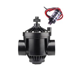 Black irrigation control valve with an electric actuator and wiring attached.