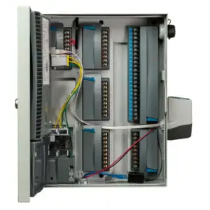 Internal view of an irrigation control panel showing wiring and connectors.