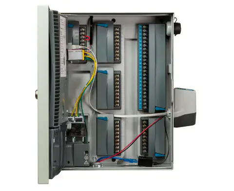 Hunter ICC2 Ethernet Com Module 2 Internal view of an irrigation control panel showing wiring and connectors.