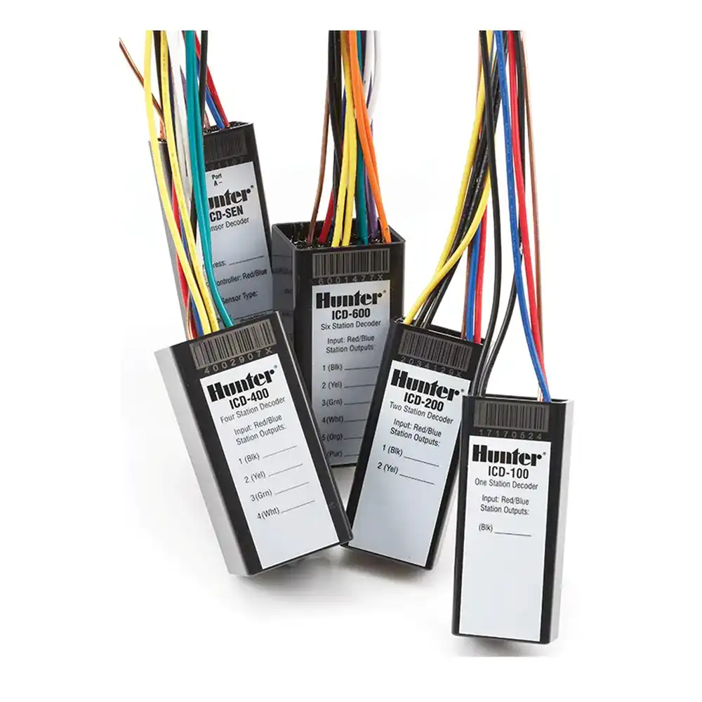 Hunter ICD Decoders 1 Hunter ICD Decoders Five Hunter ICD decoders with various colored wires attached for irrigation systems.