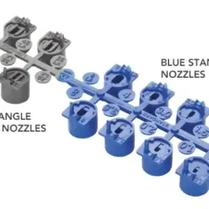 Low-angle grey nozzles and blue standard nozzles for irrigation systems.