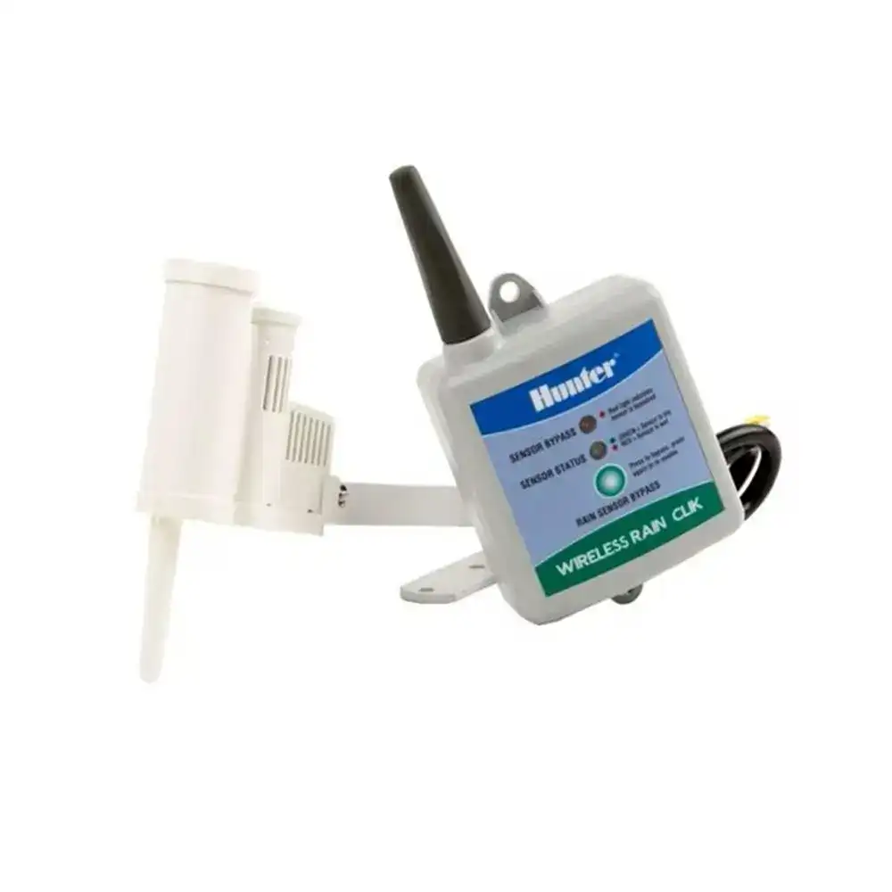 Hunter WR Clik Rain Sensor 1 Hunter WR-CLIK wireless rain sensor mounted on gutter