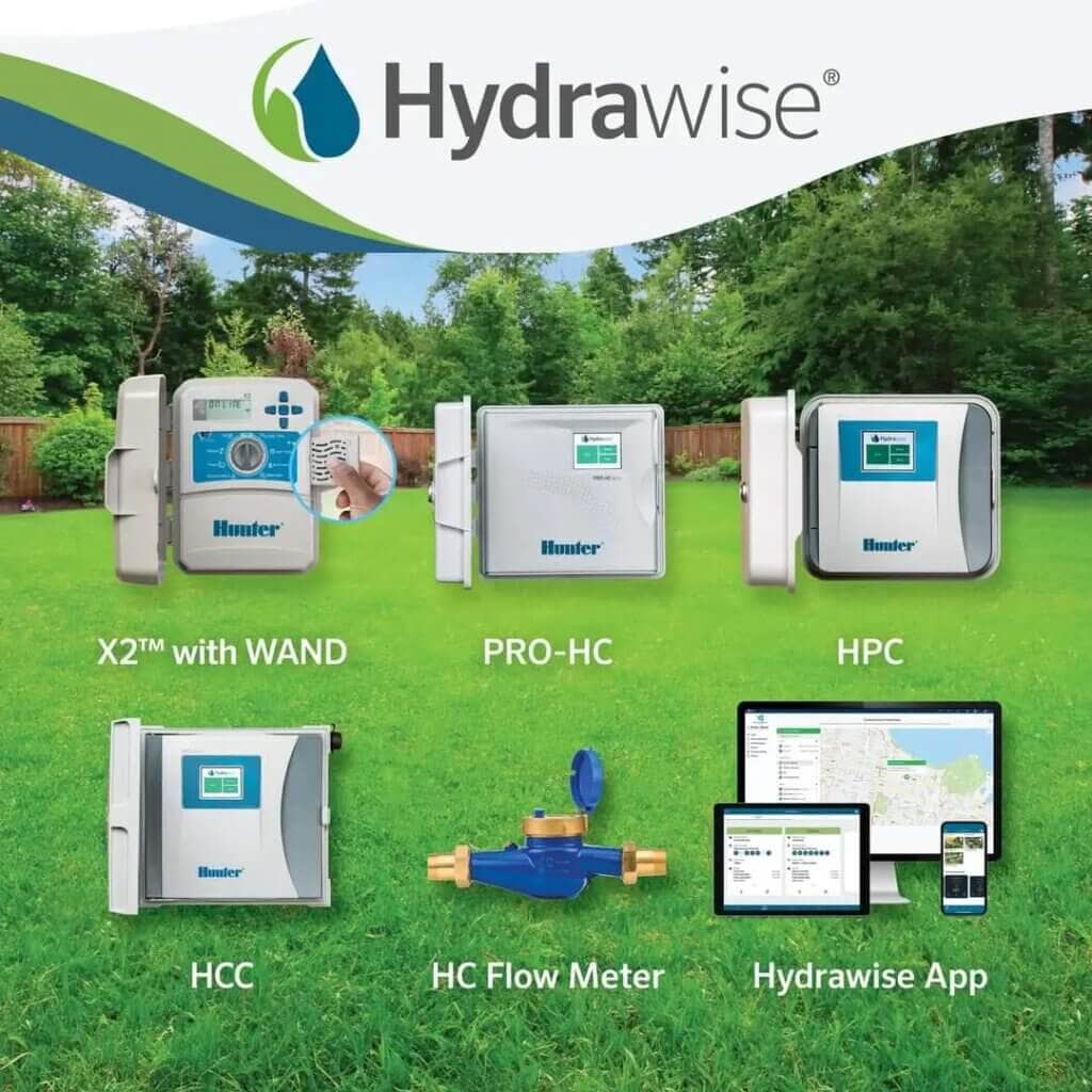 Various Hunter Hydrawise irrigation products including controllers and flow meters displayed together.